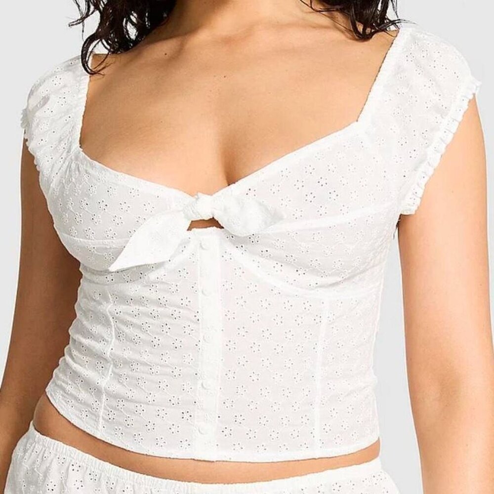 New! PINK by Frankie’s Bikinis White Crop Eyelet Blouse Top Size L 1892